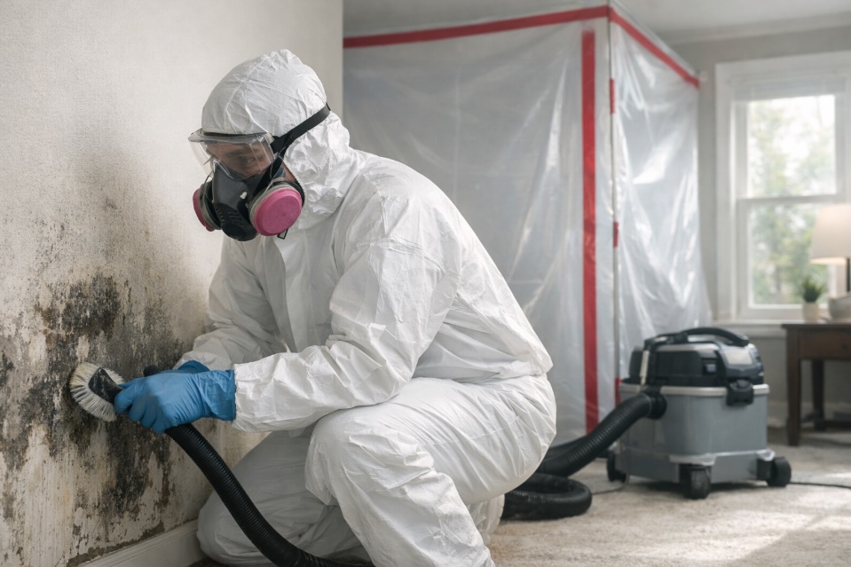 A wide-angle, photorealistic hero image in landscape format for a mold remediation company serving coastal Virginia. The scene shows a professional remediation technician in full protective gear — white Tyvek suit, respirator mask, and gloves — working inside a residential space. Containment plastic sheeting is visible in the background. Lighting is clean and clinical, conveying professionalism and safety. The overall tone is trustworthy and reassuring, not alarming. Muted, neutral color palette with soft natural light coming through a window.